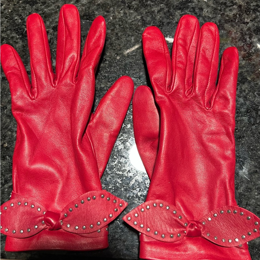 Elegant Angelle Italian Red Lambskin Gloves with Studded Bow